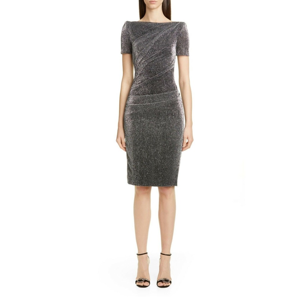 TALBOT RUNHOF Black Silver Metallic Voile SONATINA1 Ruched Bodycon Dress 2 32